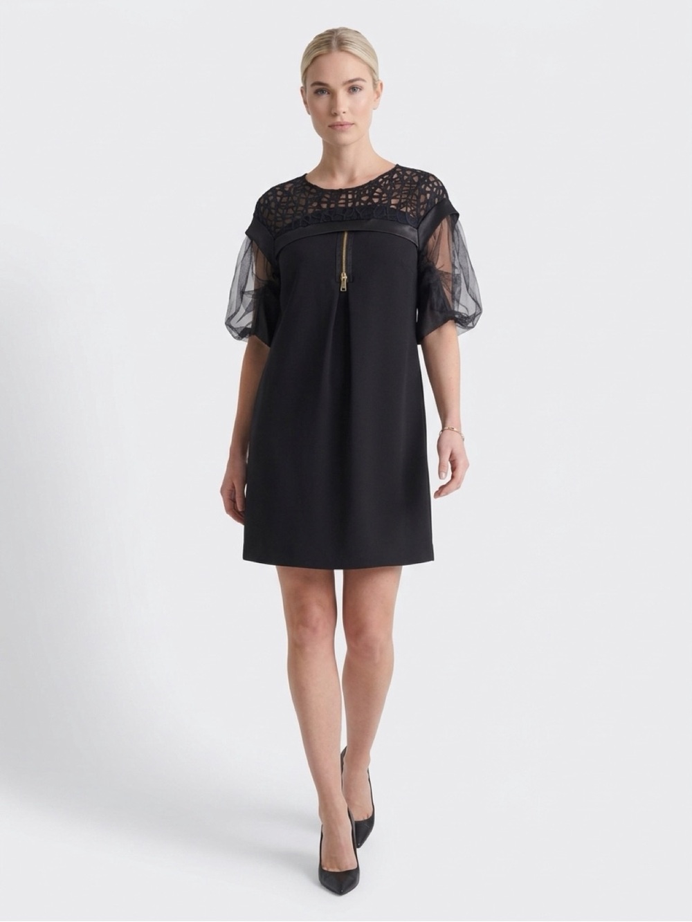 Elisa Cavaletti Black Lace-Yoke Puff Sleeve Mini Dress